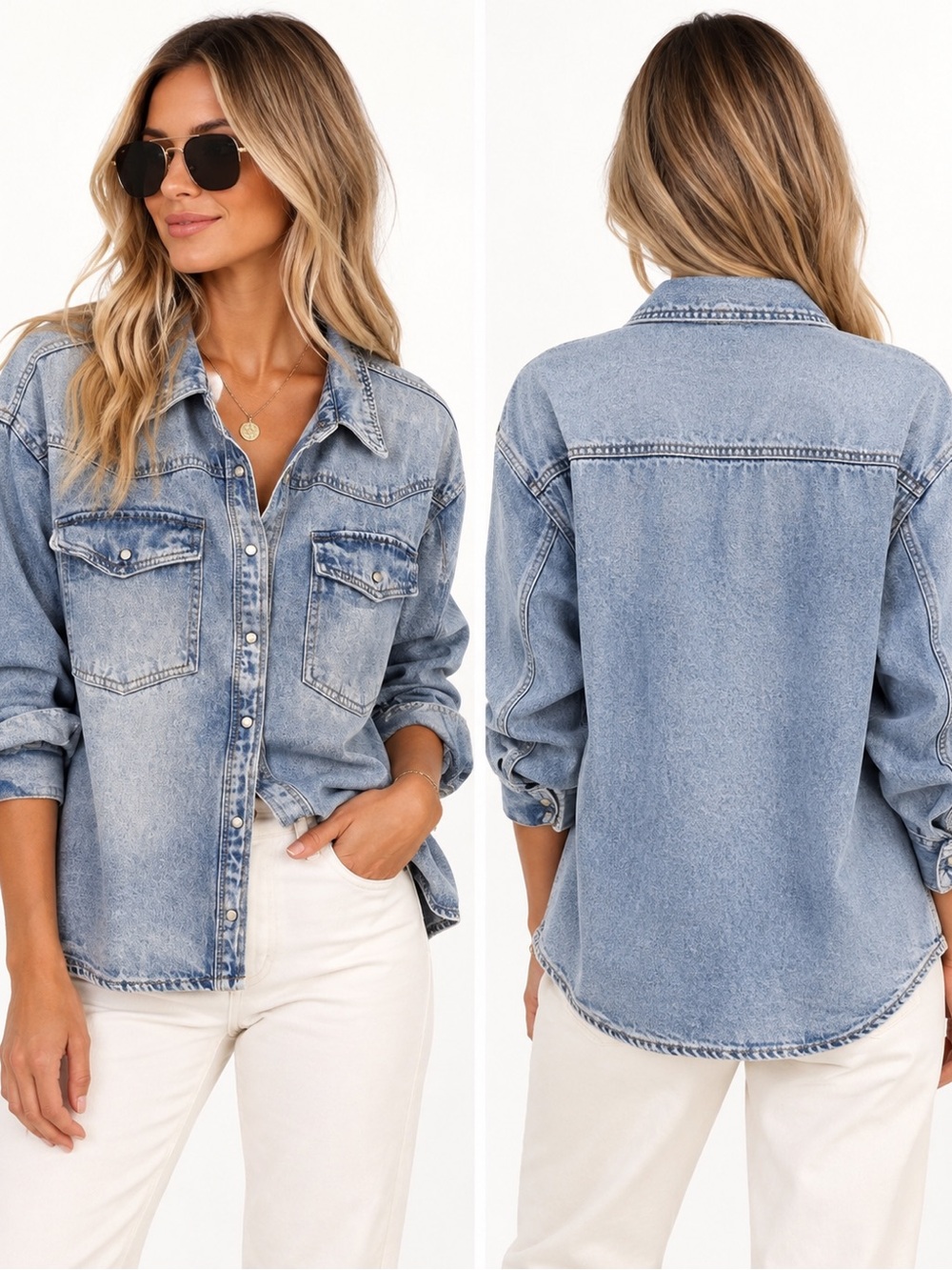 Kensie Jeans Vintage Luxe Oversized Light Wash Denim Snap Front Shacket Size M